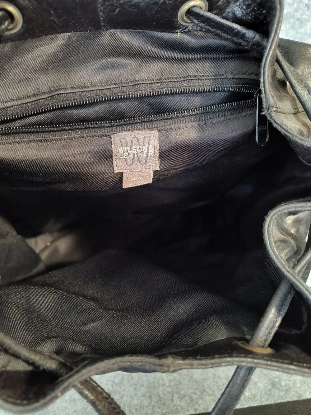 Vintage Wilsons Leather Black Leather Backpack Purse Drawstring Made In India